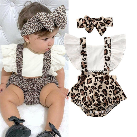 Ruched Leopard Print Sleeveless Baby Romper+Headband