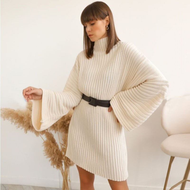 Knitted Turtleneck Flare Dress