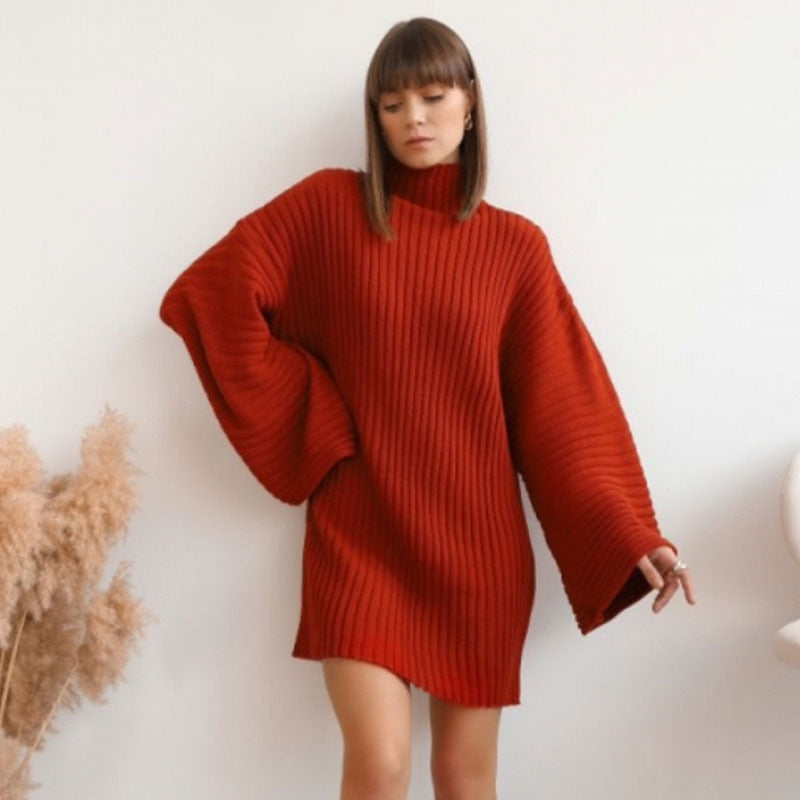 Knitted Turtleneck Flare Dress